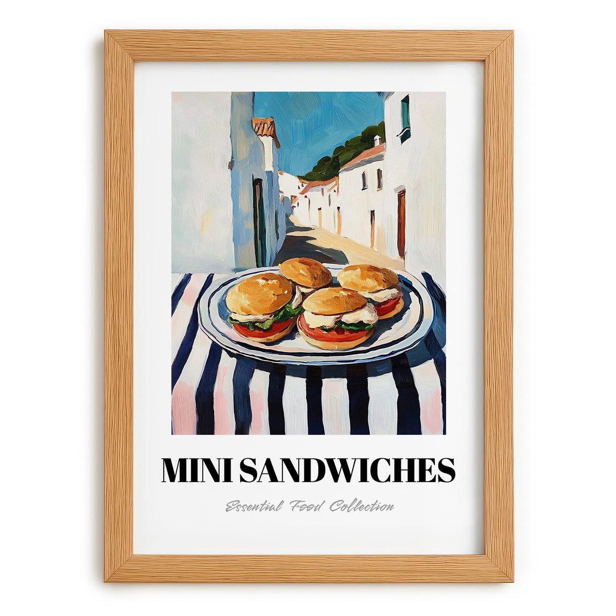 Mini Sandwiches – White village Urban Café Scene, British Food Wall Decor, set in oak frame