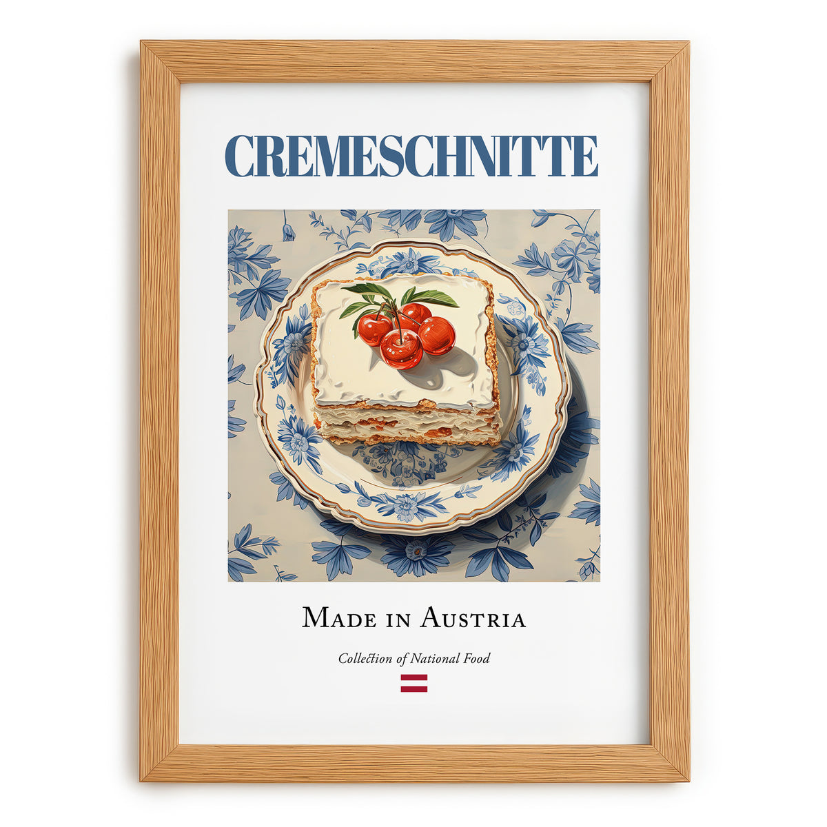 Cremeschnitte – Austrian Dessert Dish, Café Illustration, set in oak frame