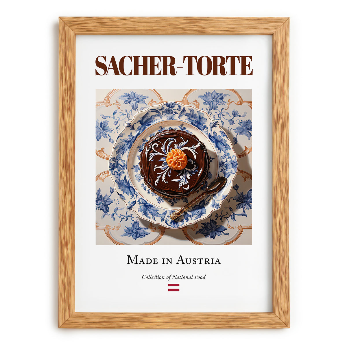 Sacher-Torte – Austrian Dessert Dish, Brasserie Illustration, set in oak frame