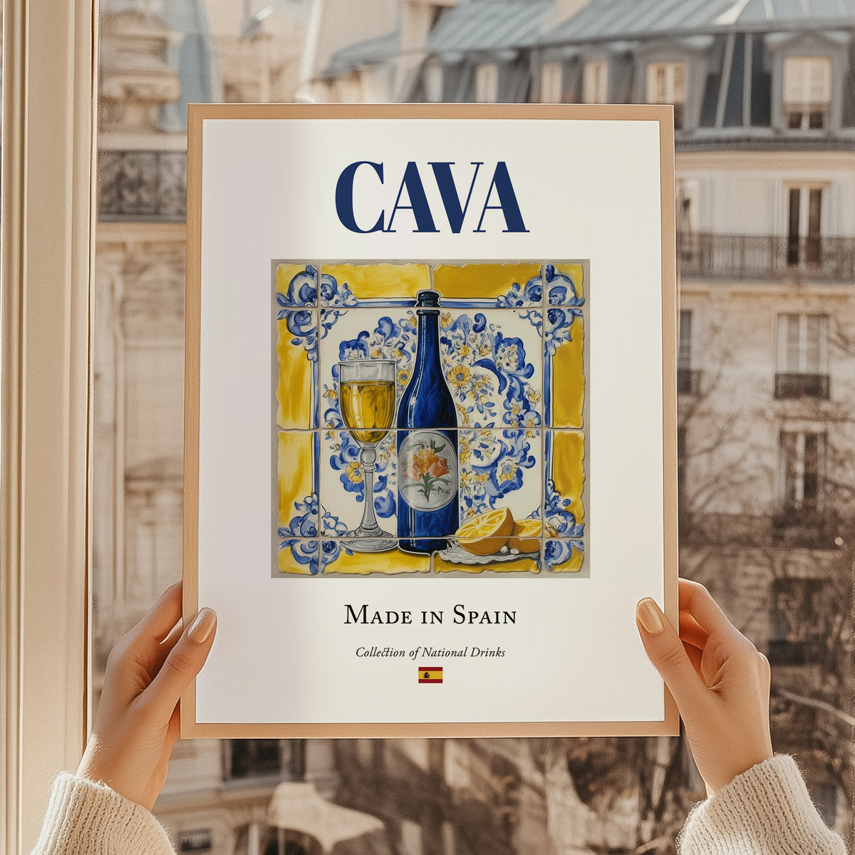 Cava – Spanish Sparkling Wine, Wine Bar Print, styled in a charming Paris street view