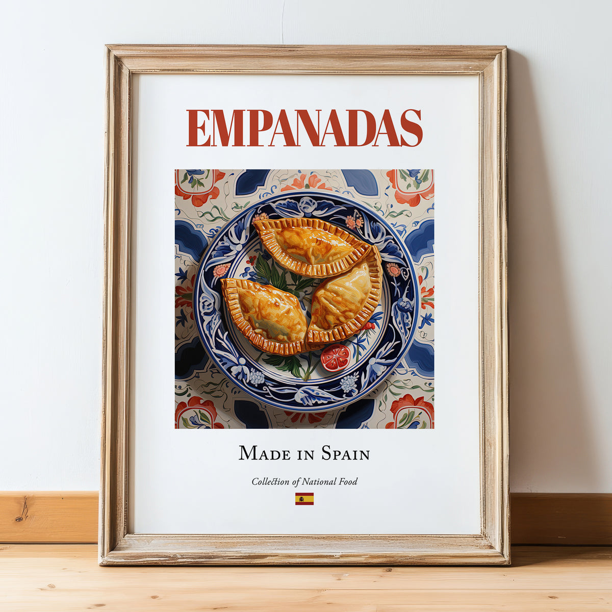 Empanadas – Spanish Snack Dish, Bistro Painting, in wooden frame leaning on the floor