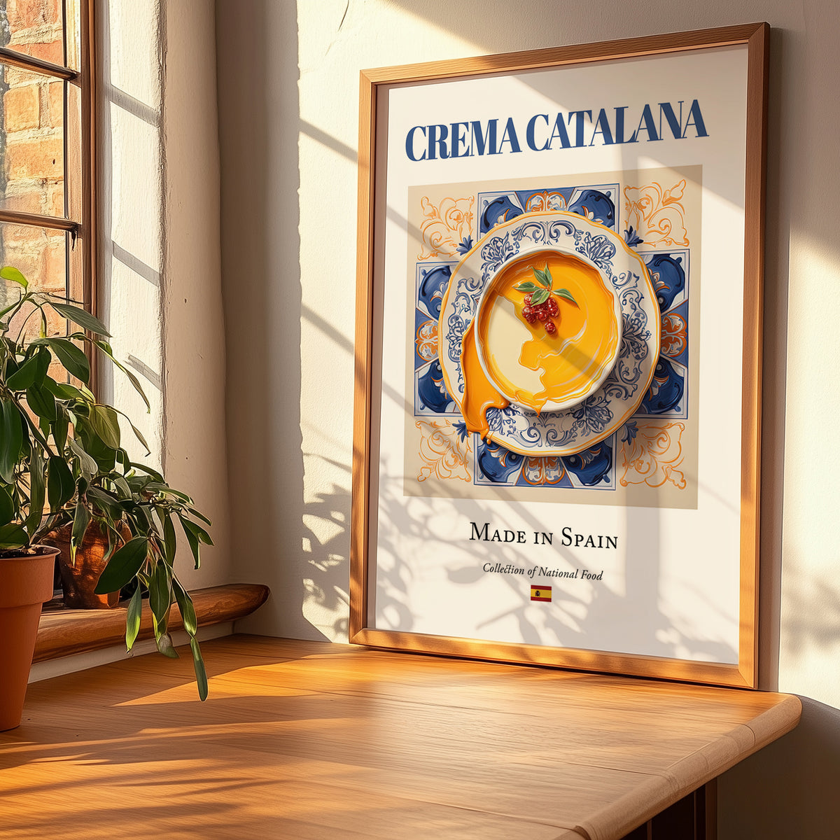 Crema Catalana – Spanish Dessert Dish, Restaurant Poster, no-text version framed in wood