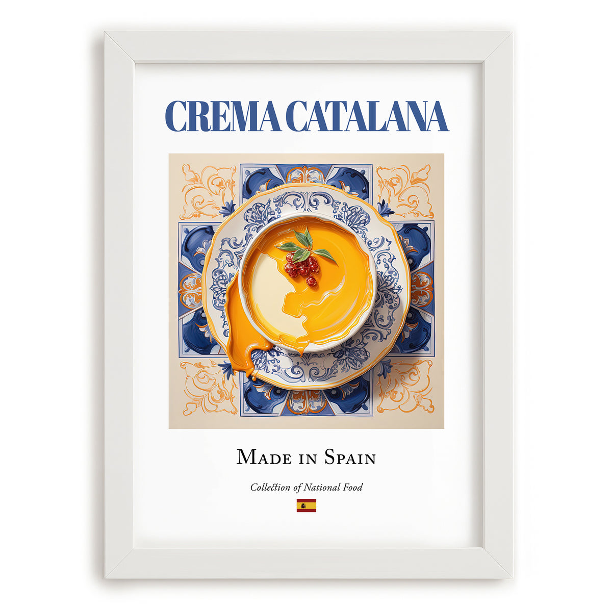 Crema Catalana – Spanish Dessert Dish, Restaurant Poster, placed in minimal white frame