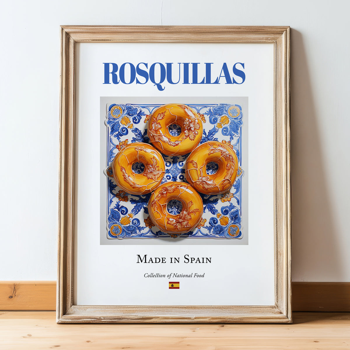 Rosquillas – Spanish Dessert Dish, Food Bar Painting, in wooden frame leaning on the floor
