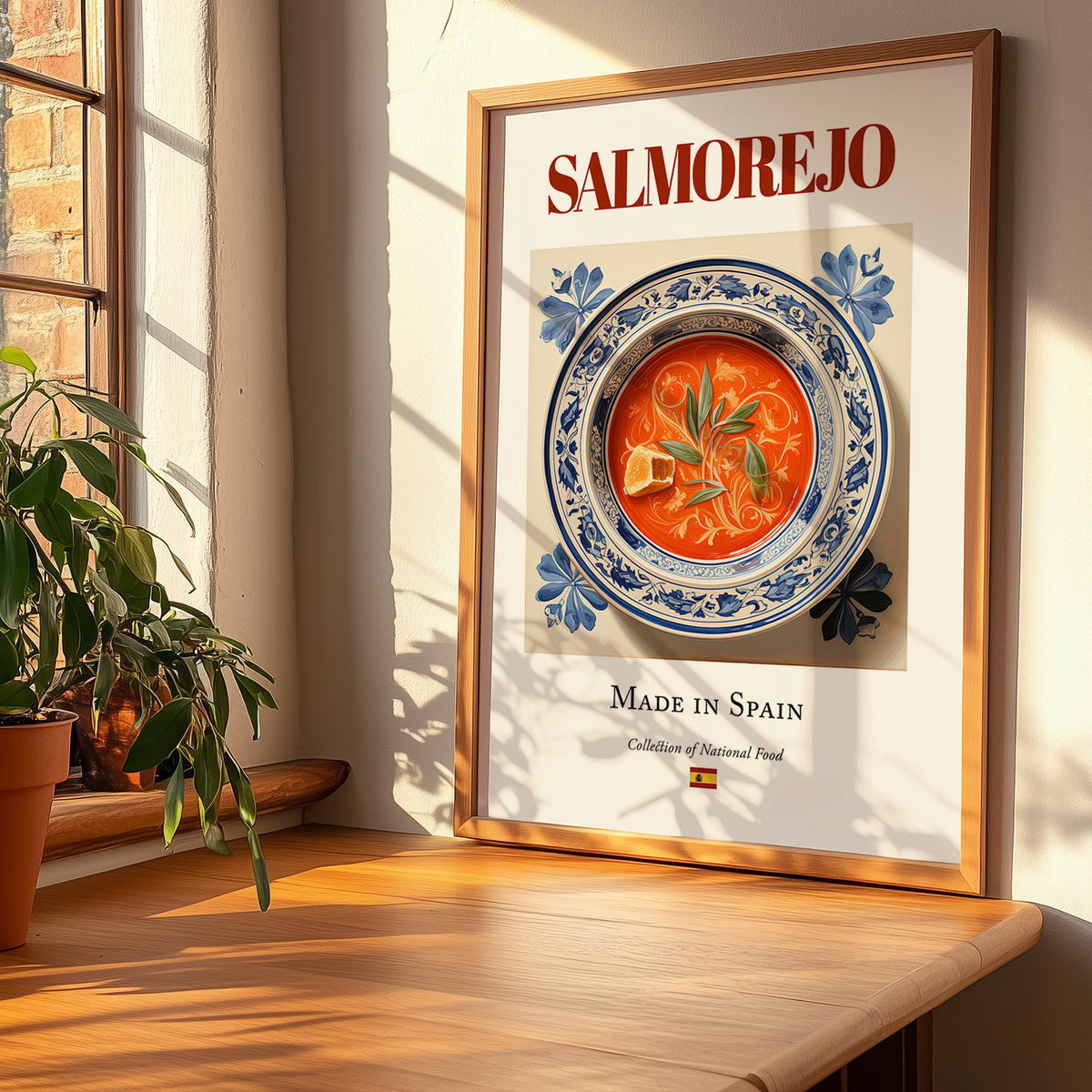 Salmorejo – Spanish Soup Dish, Bistro Still Life, no-text version framed in wood