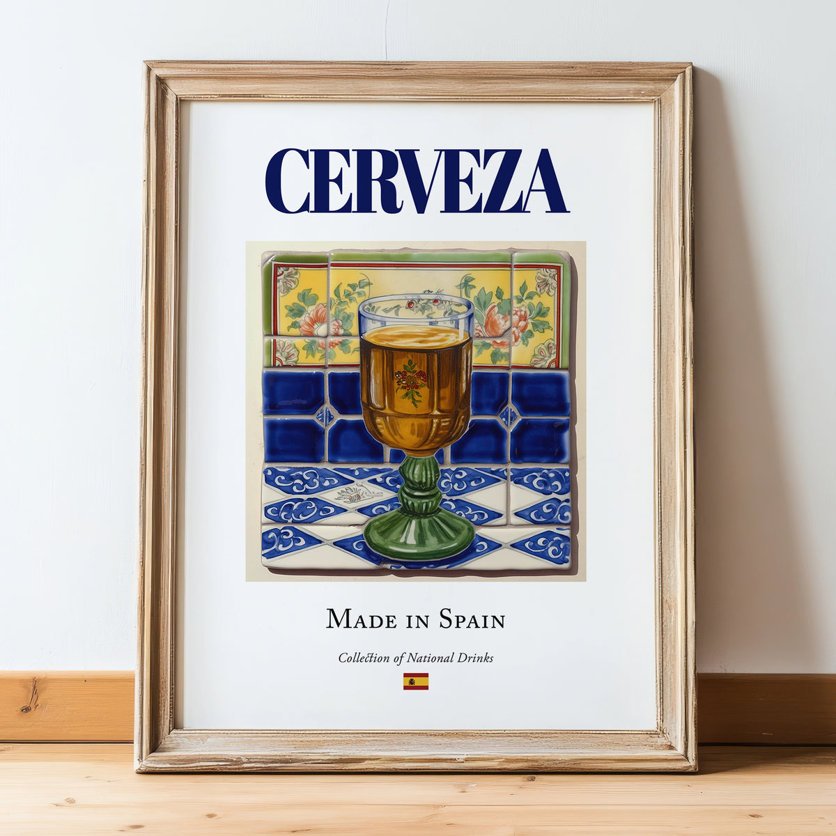 Cerveza – Spanish Beverage Drink, Rooftop Terrace Wall Art, in wooden frame leaning on the floor