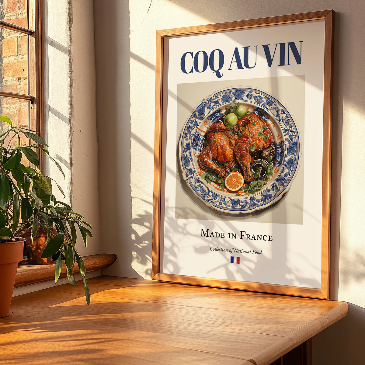 Coq au vin – French Stew Dish, Tavern Poster, no-text version framed in wood