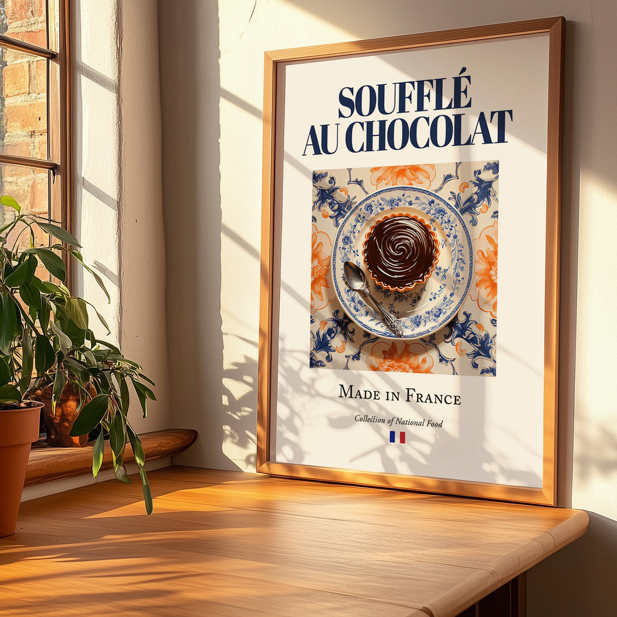Soufflé au chocolat – French Dessert Dish, Fine Dining Restaurant Wall Art, no-text version framed in wood