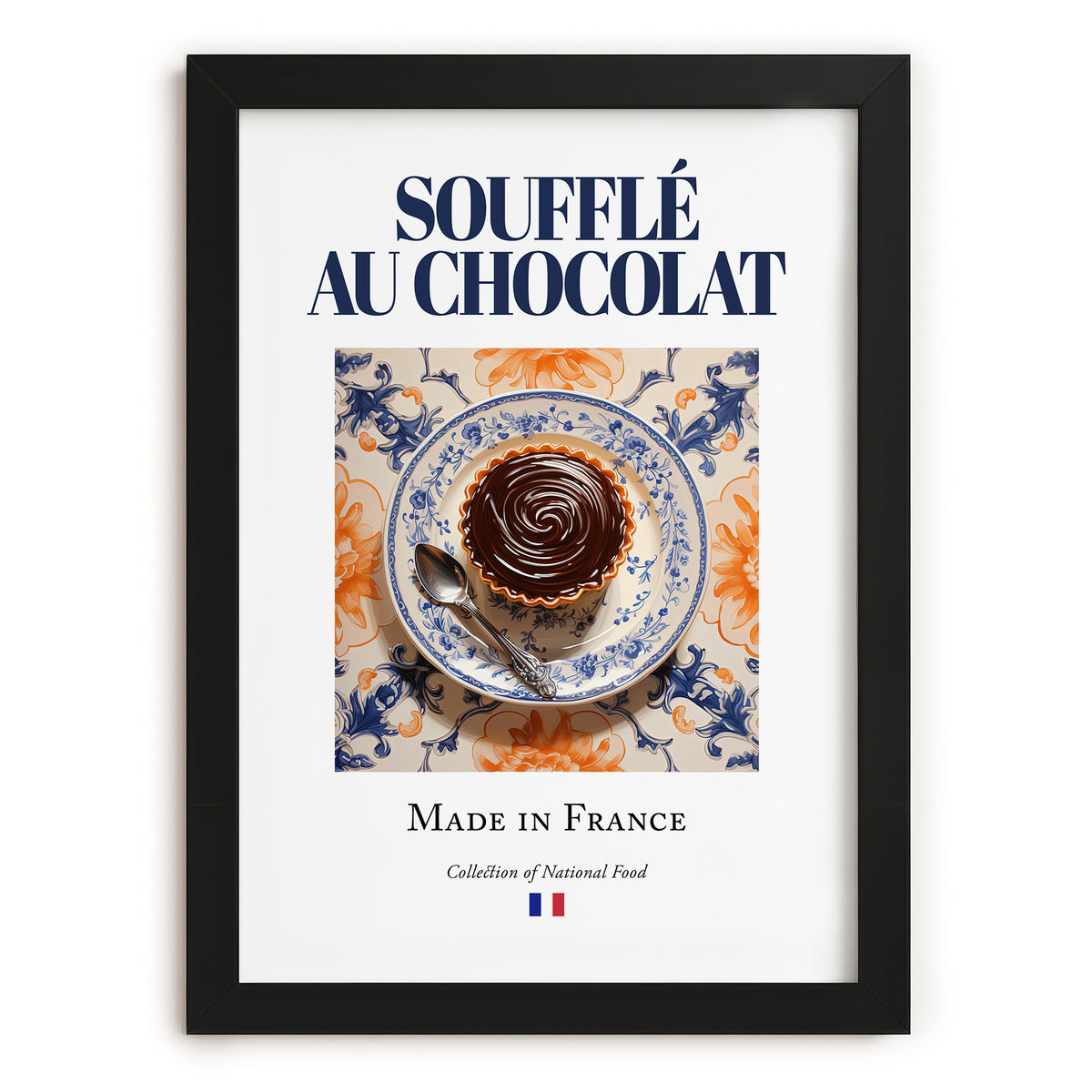 Soufflé au chocolat – French Dessert Dish, Fine Dining Restaurant Wall Art, in sleek black frame