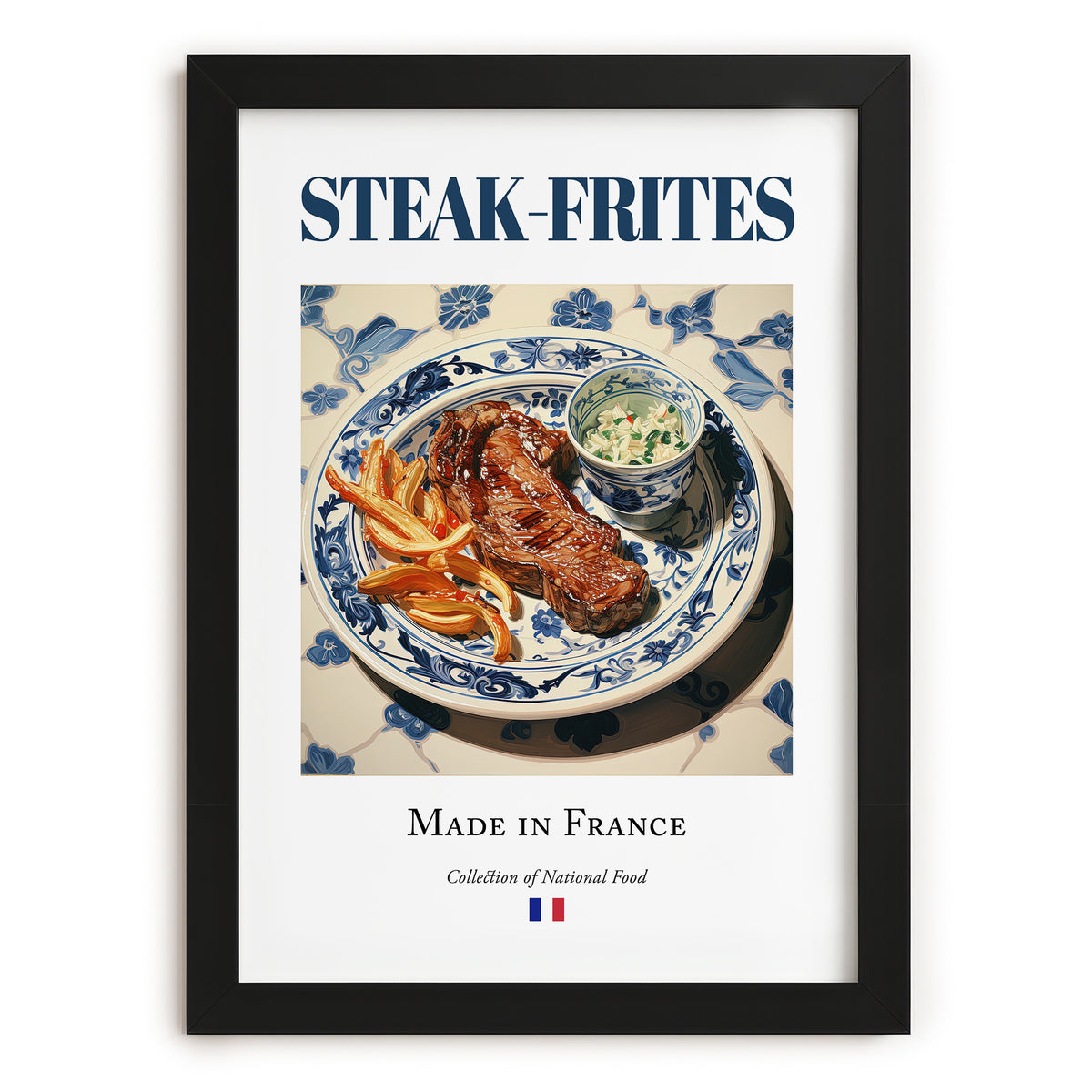 Steak-frites – French Dish, Farmhouse Kitchen Wall Art, in sleek black frame