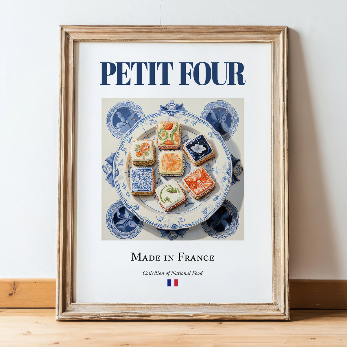 Petit four – French Dessert Dish, Bistro Wall Art, in wooden frame leaning on the floor