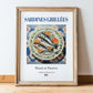 Sardines grillées – French Dish, Brasserie Poster, in wooden frame leaning on the floor