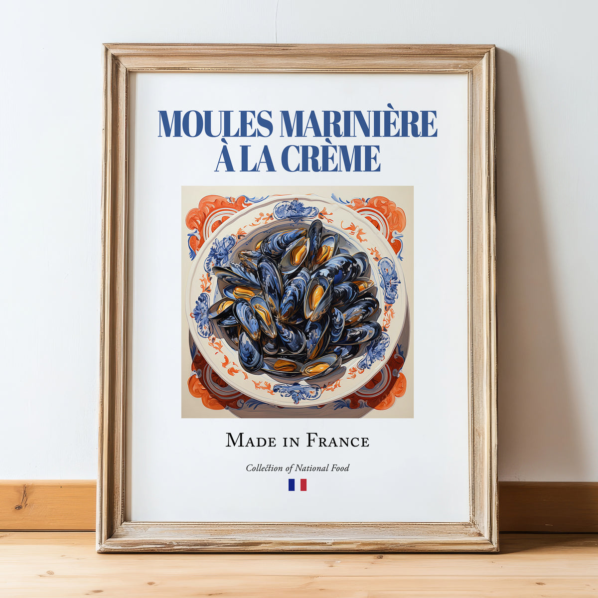 Moules marinière à la crème – French Dish, Café Art, in wooden frame leaning on the floor