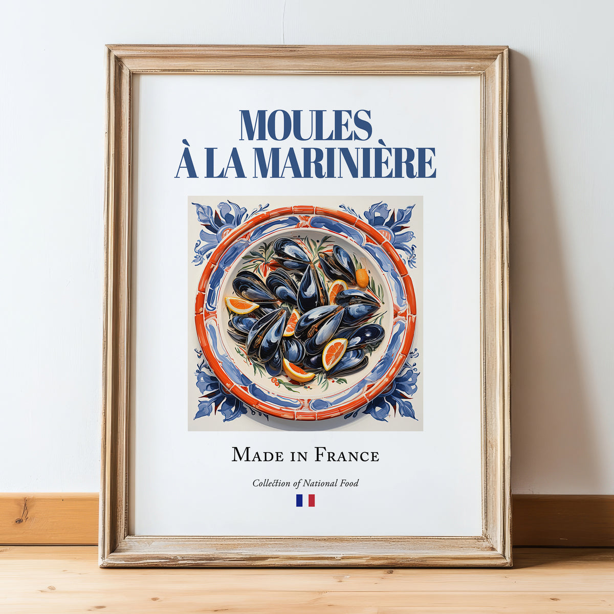 Moules à la marinière – French Dish, Restaurant Still Life, in wooden frame leaning on the floor
