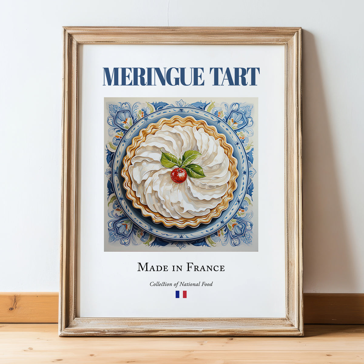 Meringue tart – French Dessert Dish, Café Illustration, in wooden frame leaning on the floor