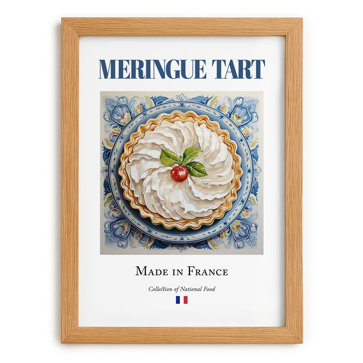 Meringue tart – French Dessert Dish, Café Illustration, set in oak frame