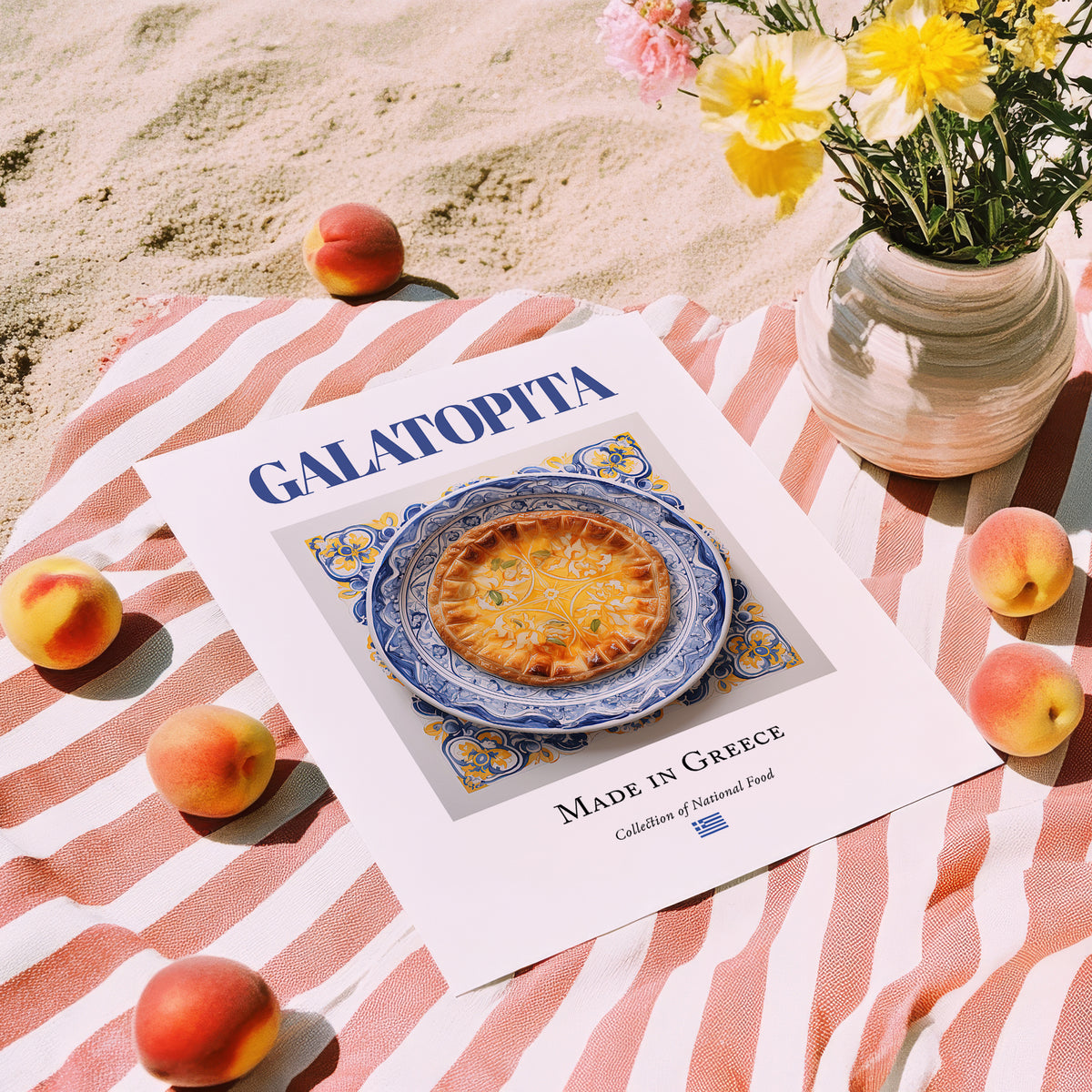 Galatopita – Greek Dish, Food Bar Poster, unframed on coastal sand