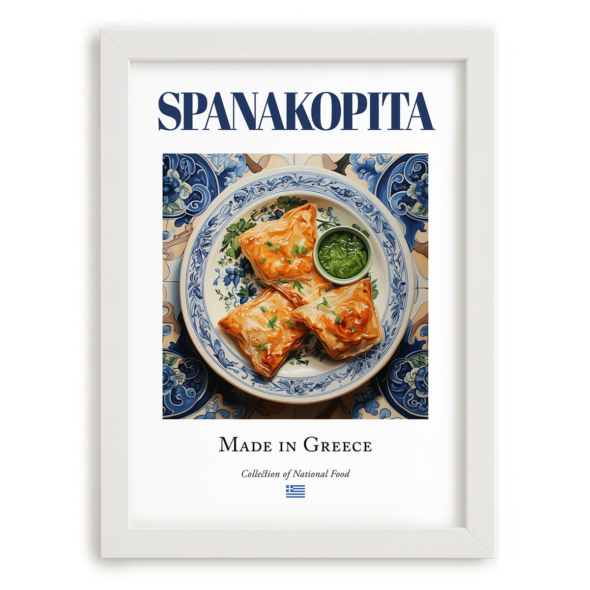 Spanakopita – Greek Dish, Restaurant Wall Decor, placed in minimal white frame