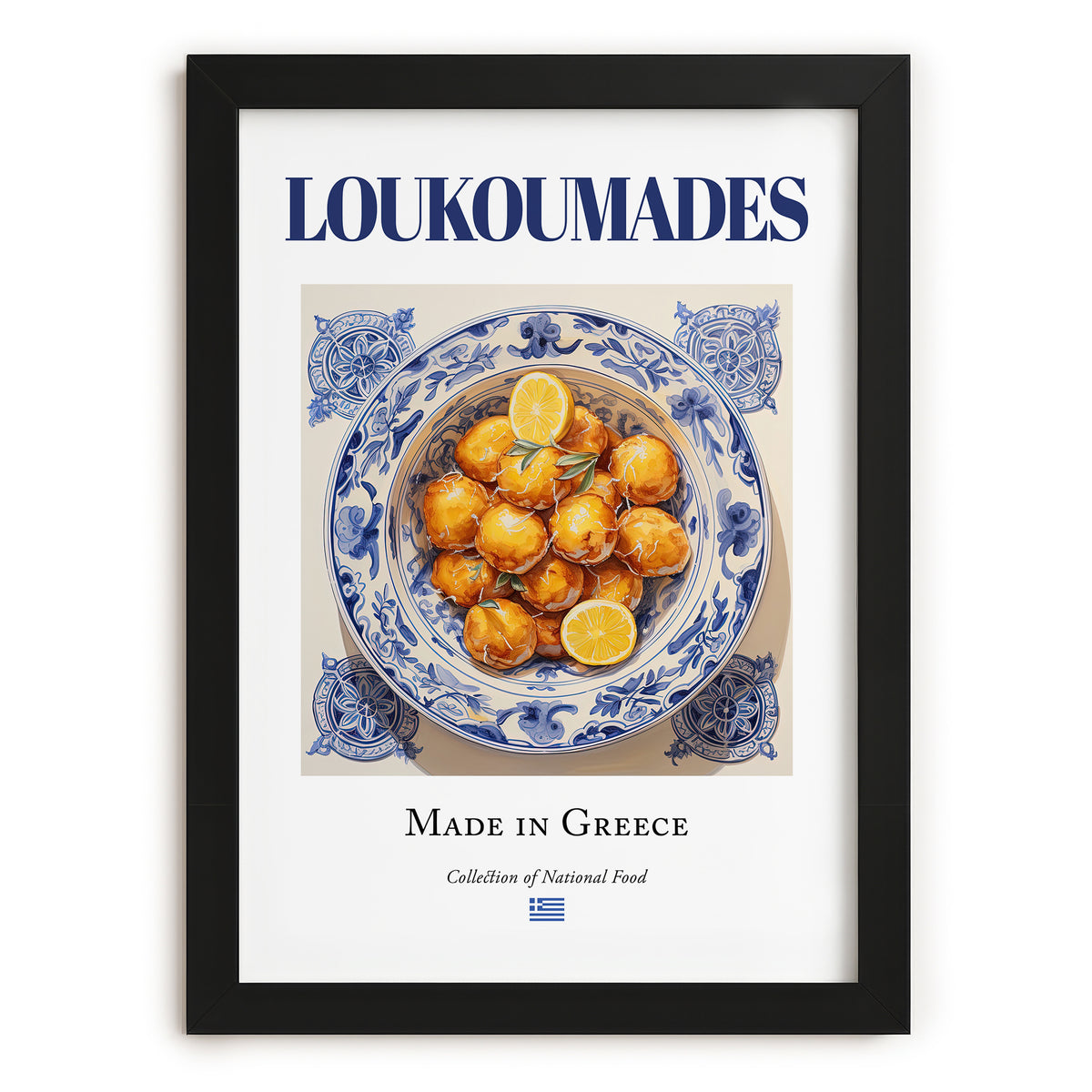 Loukoumades – Greek Dessert Dish, Farmhouse Kitchen Wall Decor, in sleek black frame