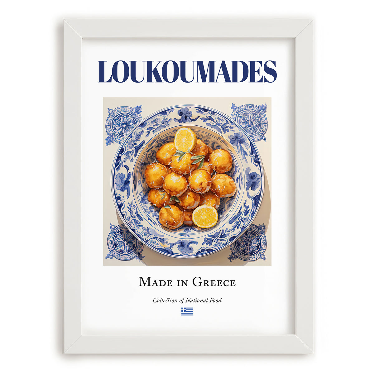 Loukoumades – Greek Dessert Dish, Farmhouse Kitchen Wall Decor, placed in minimal white frame