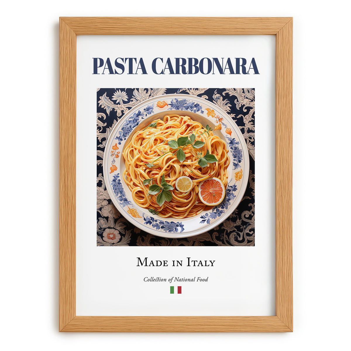 Pasta carbonara – Italian Pasta, Trattoria Wall Art, set in oak frame