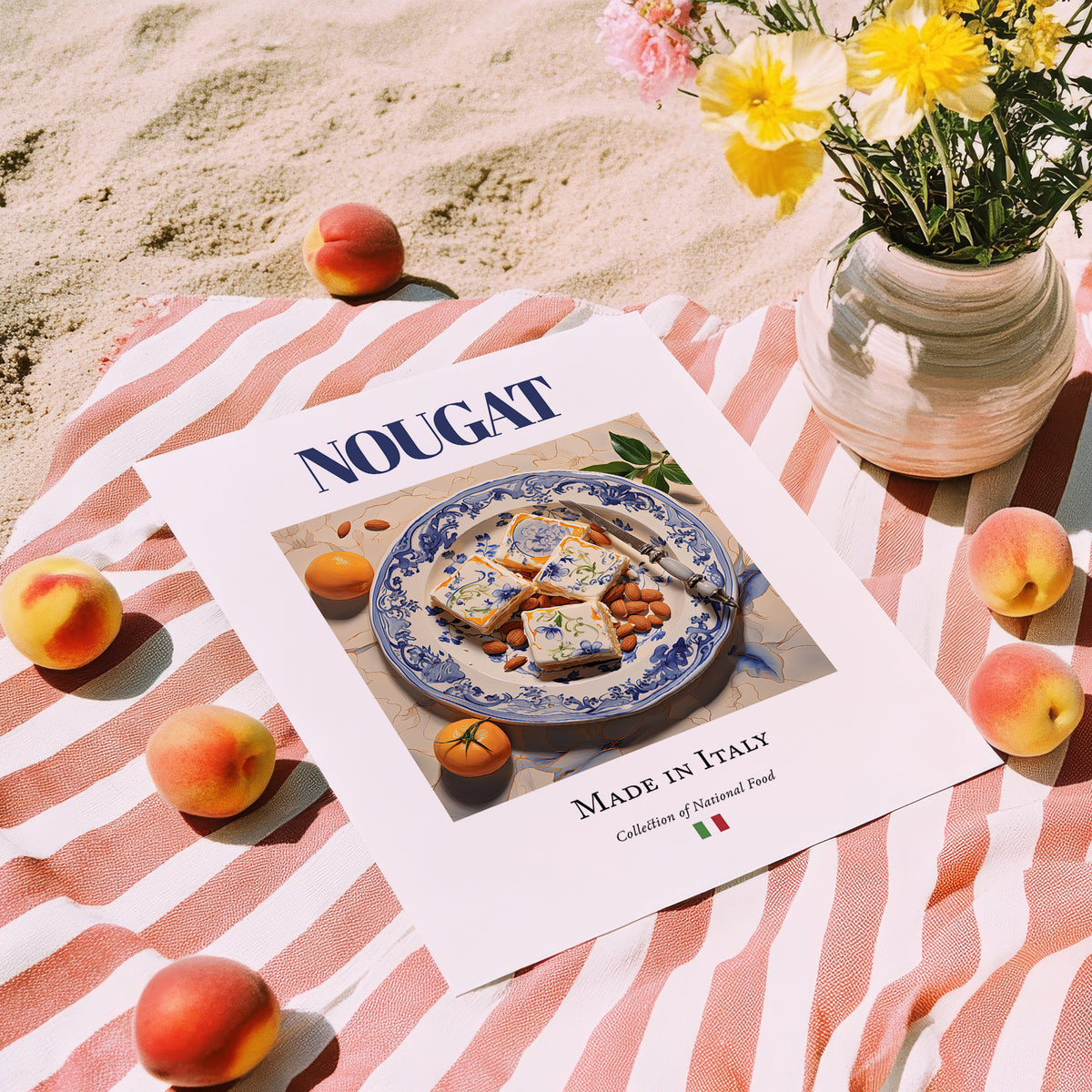 Nougat – Italian Dessert Dish, Restaurant Print, unframed on coastal sand