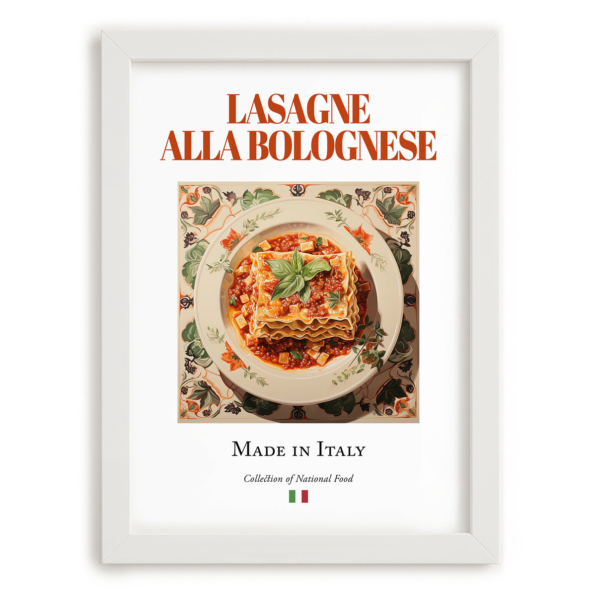 Lasagne alla Bolognese – Italian Dish, Fine Dining Restaurant Art, placed in minimal white frame