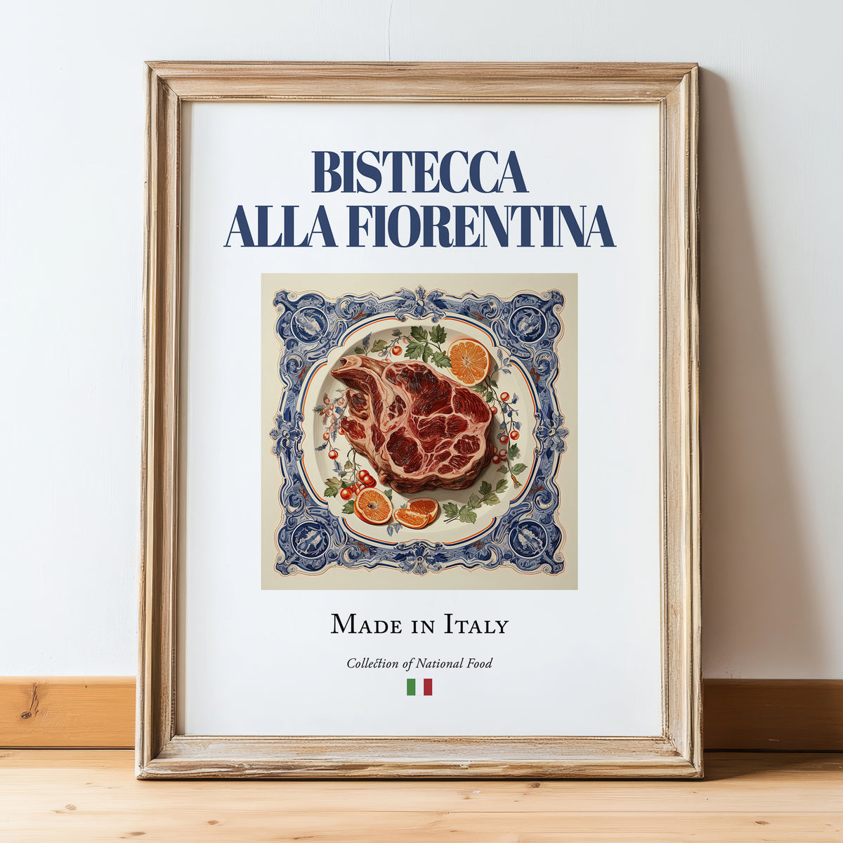 Bistecca alla Fiorentina – Italian Meat Dish, Fine Dining Restaurant Poster, in wooden frame leaning on the floor