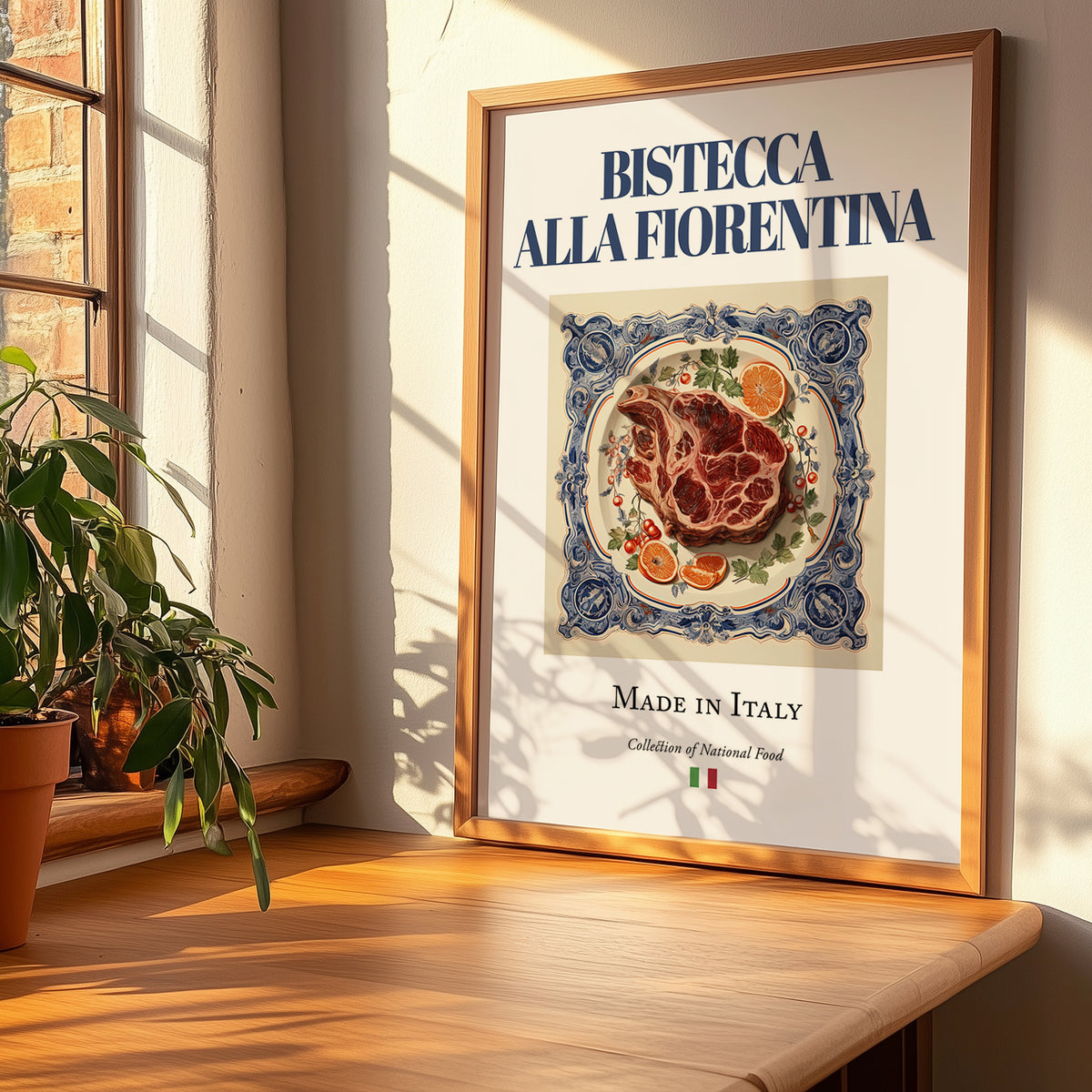 Bistecca alla Fiorentina – Italian Meat Dish, Fine Dining Restaurant Poster, no-text version framed in wood