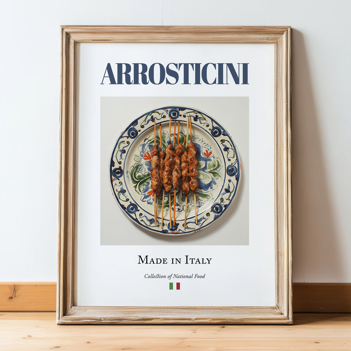 Arrosticini – Italian Meat Dish, Restaurant Poster, in wooden frame leaning on the floor