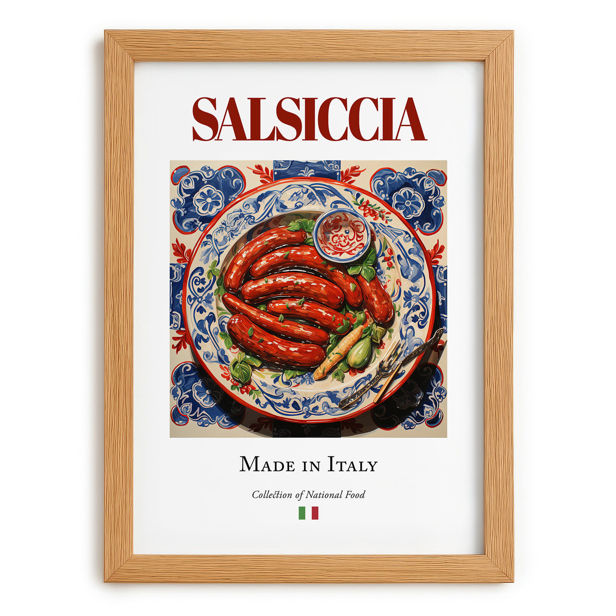 Salsiccia – Italian Meat Dish, Restaurant Print, set in oak frame