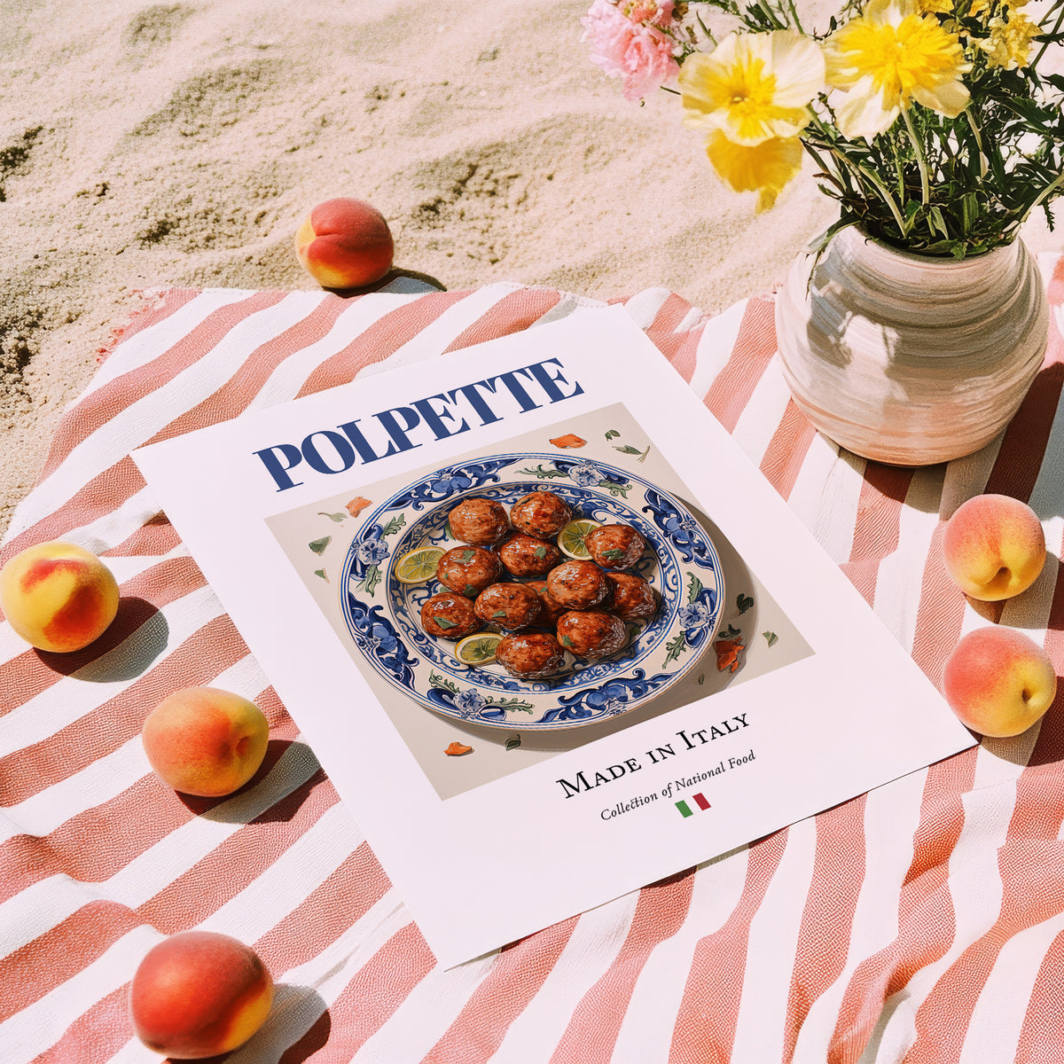 Polpette – Italian Meat Dish, Tavern Wall Decor, unframed on coastal sand