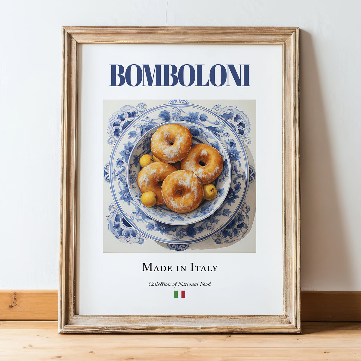 Bomboloni – Italian Dessert Dish, Tavern Print, in wooden frame leaning on the floor