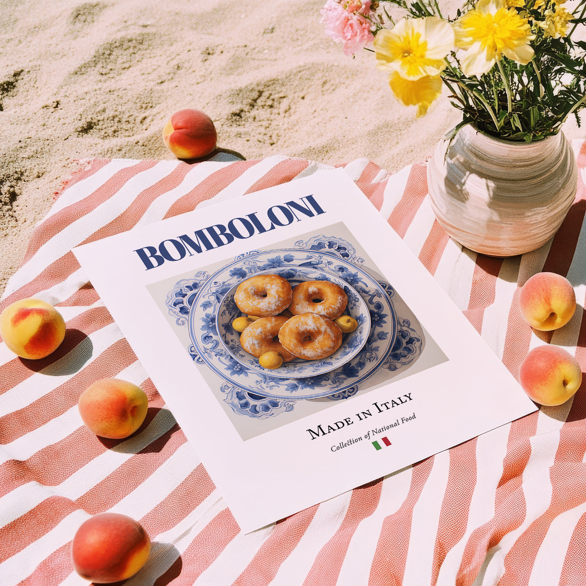 Bomboloni – Italian Dessert Dish, Tavern Print, unframed on coastal sand