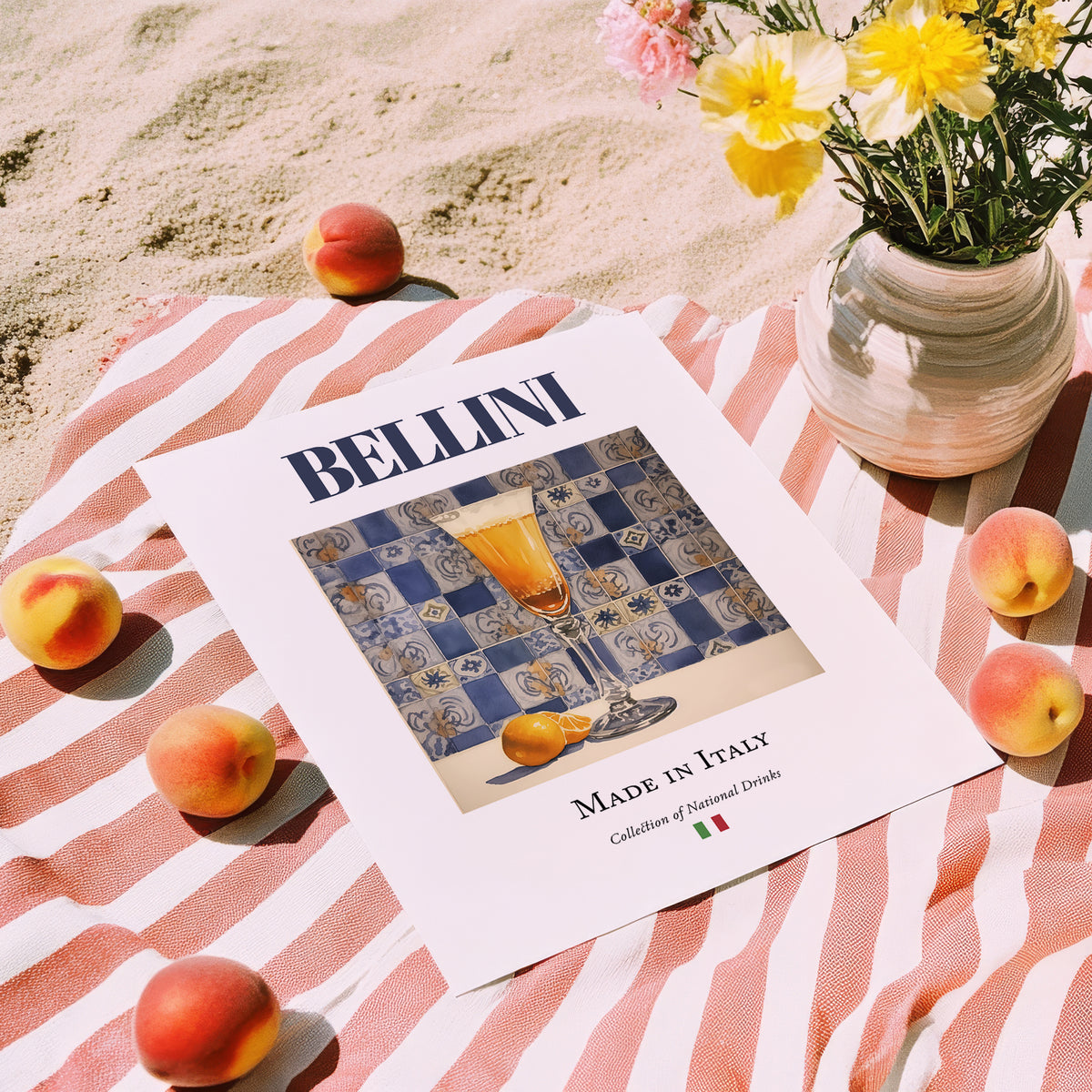 Bellini – Italian Cocktail Drink, Cocktail Lounge Print, unframed on coastal sand