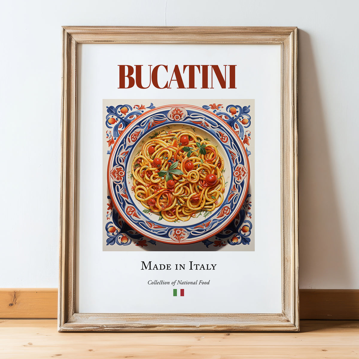 Bucatini – Italian Pasta, Ristorante Painting, in wooden frame leaning on the floor