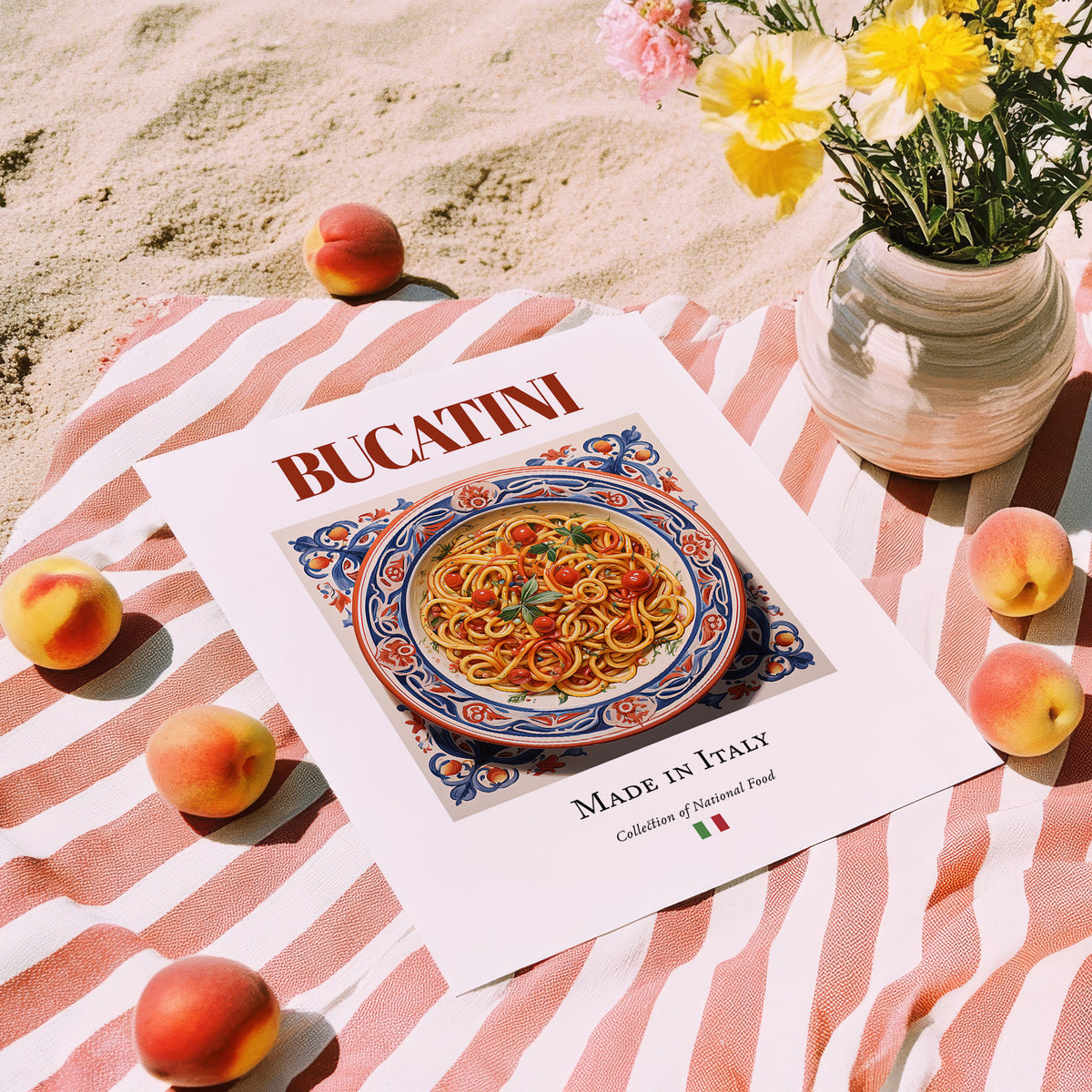 Bucatini – Italian Pasta, Ristorante Painting, unframed on coastal sand