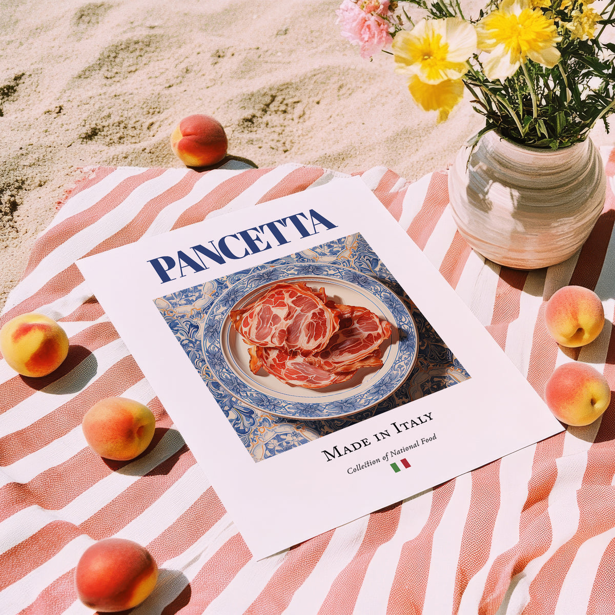 Pancetta – Italian Meat Dish, Restaurant Poster, unframed on coastal sand
