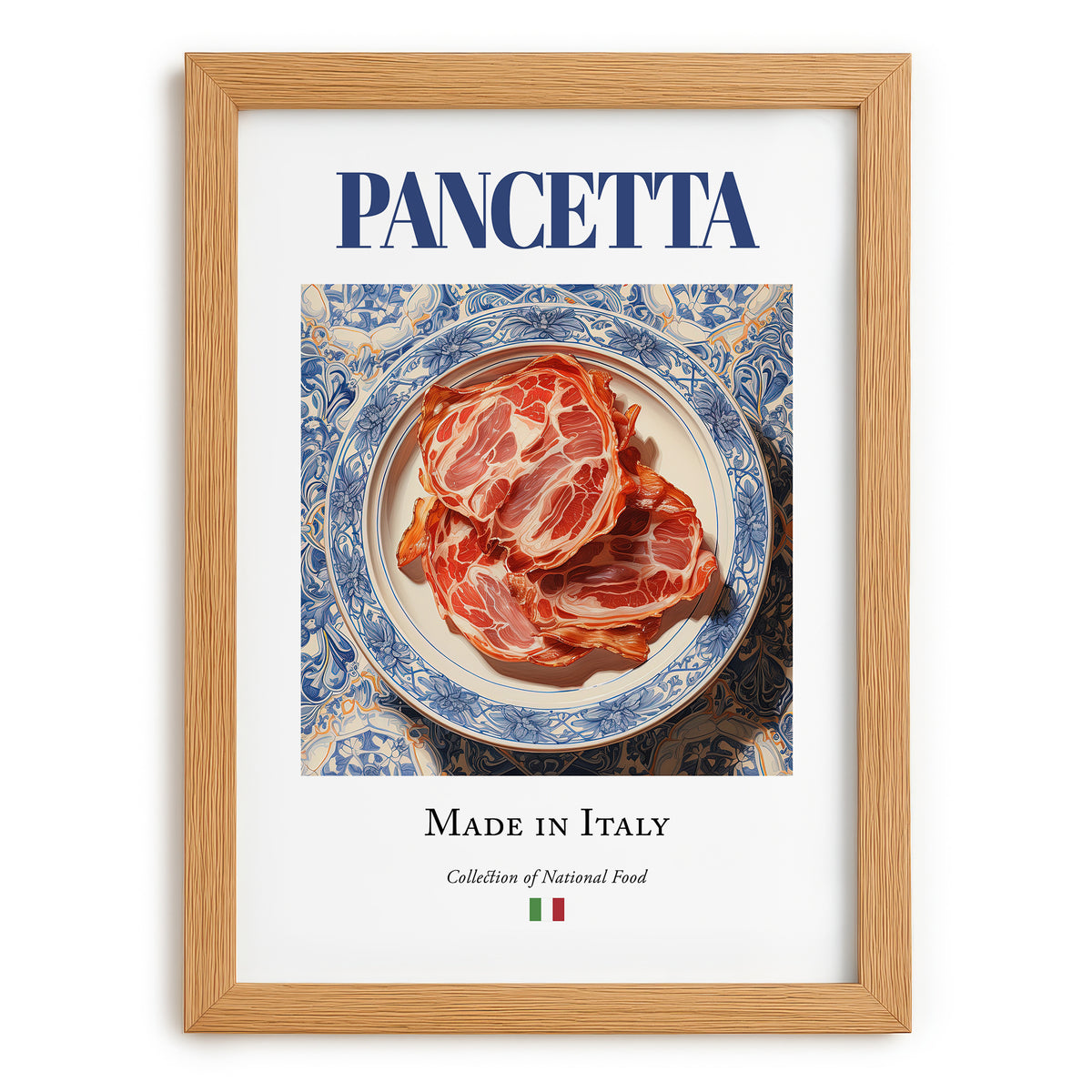 Pancetta – Italian Meat Dish, Restaurant Poster, set in oak frame