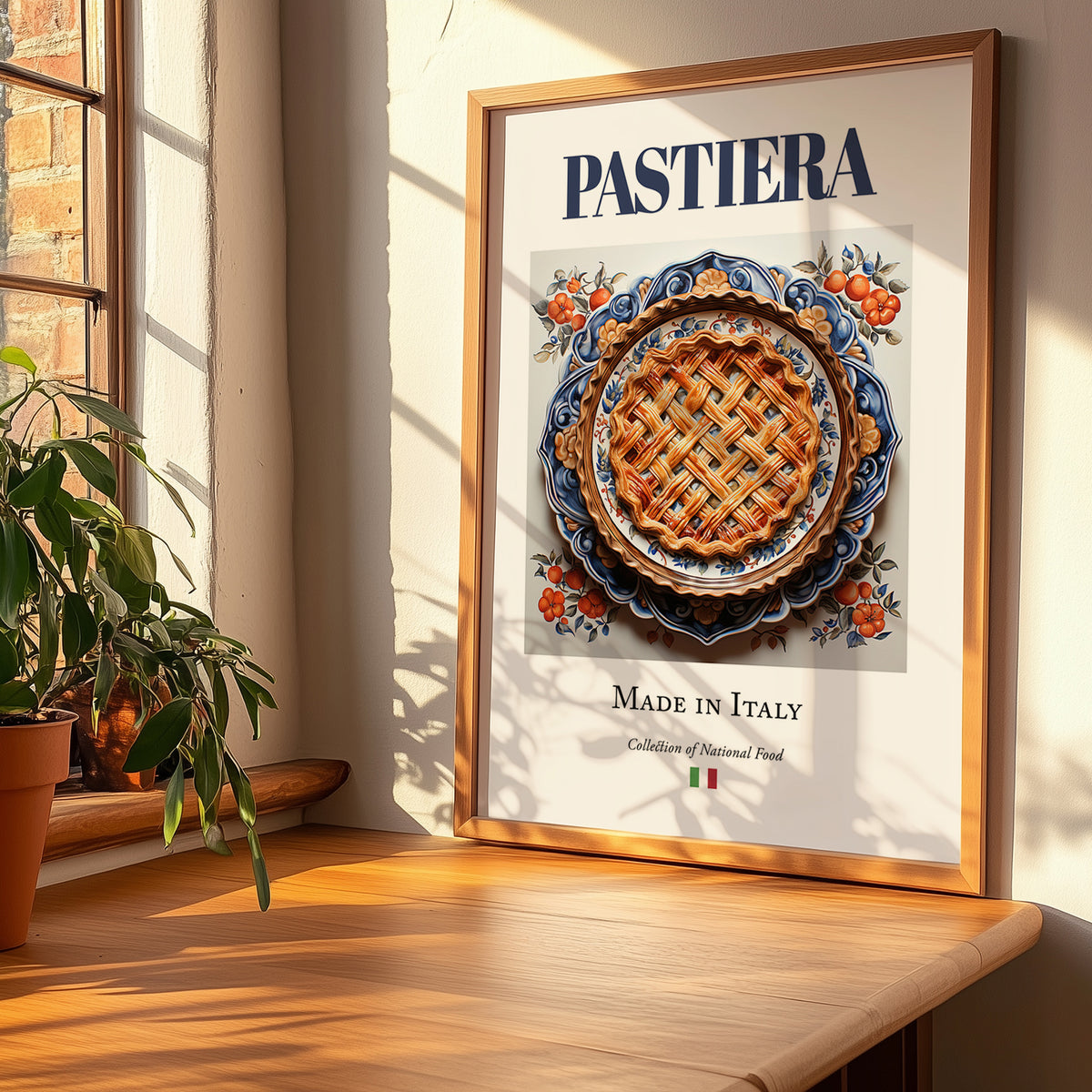 Pastiera – Italian Dessert Dish, Restaurant Illustration, no-text version framed in wood