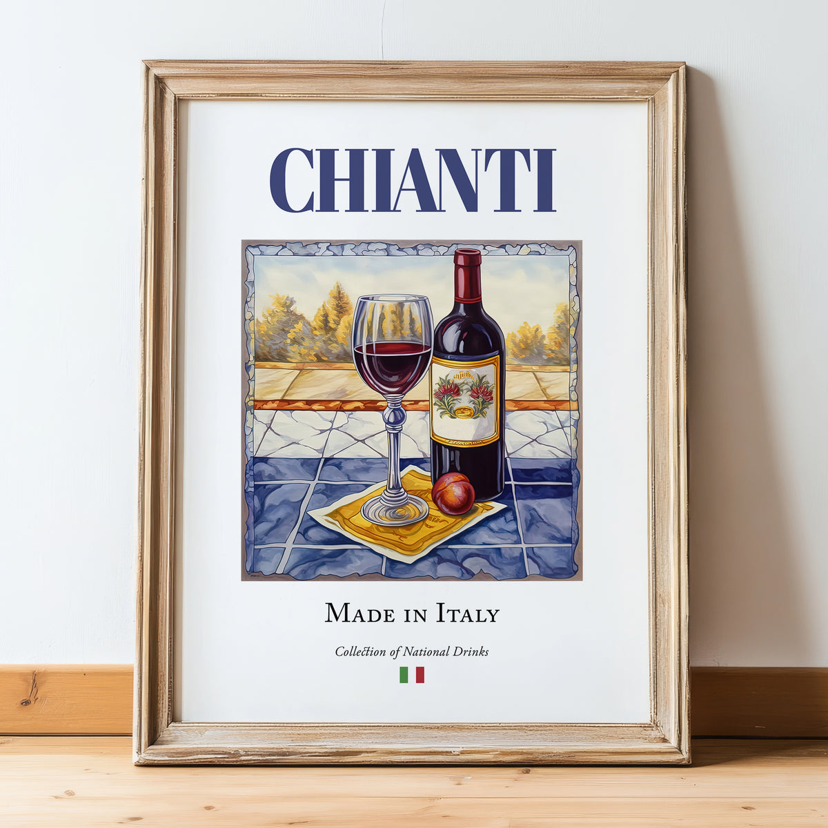 Chianti – Italian Red Wine, Wine Bar Poster, in wooden frame leaning on the floor