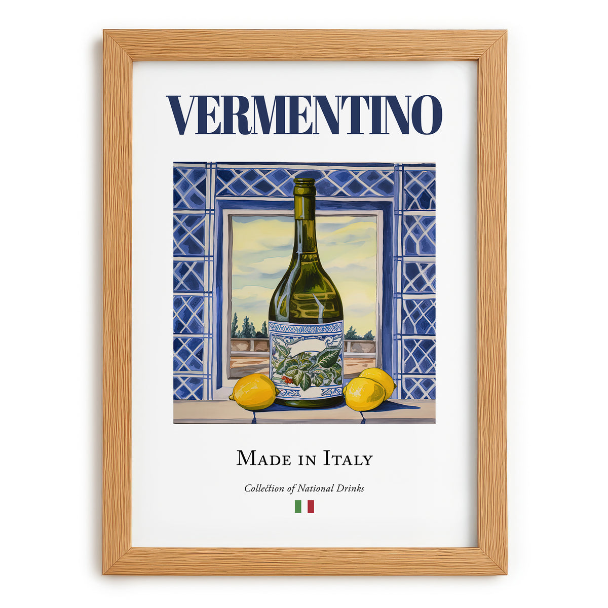 Vermentino – Italian White Wine, Vineyard Terrace Illustration, set in oak frame