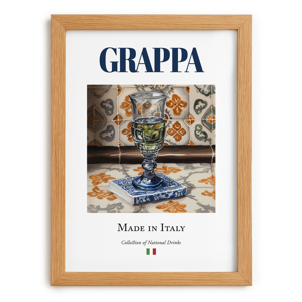 Grappa – Italian Spirit Drink, Jazz Bar Print, set in oak frame