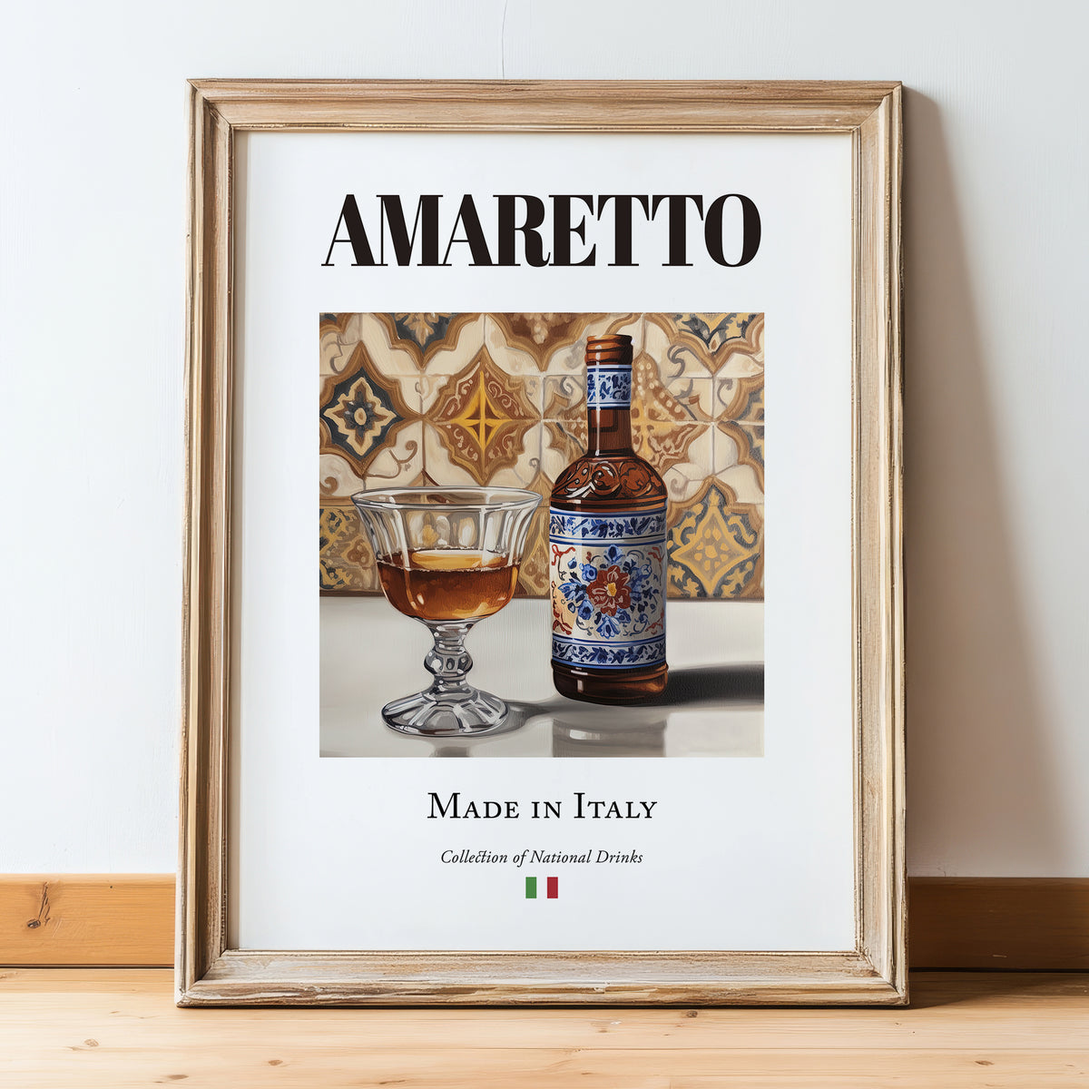 Amaretto – Italian Liqueur Drink, Cocktail Lounge Wall Decor, in wooden frame leaning on the floor