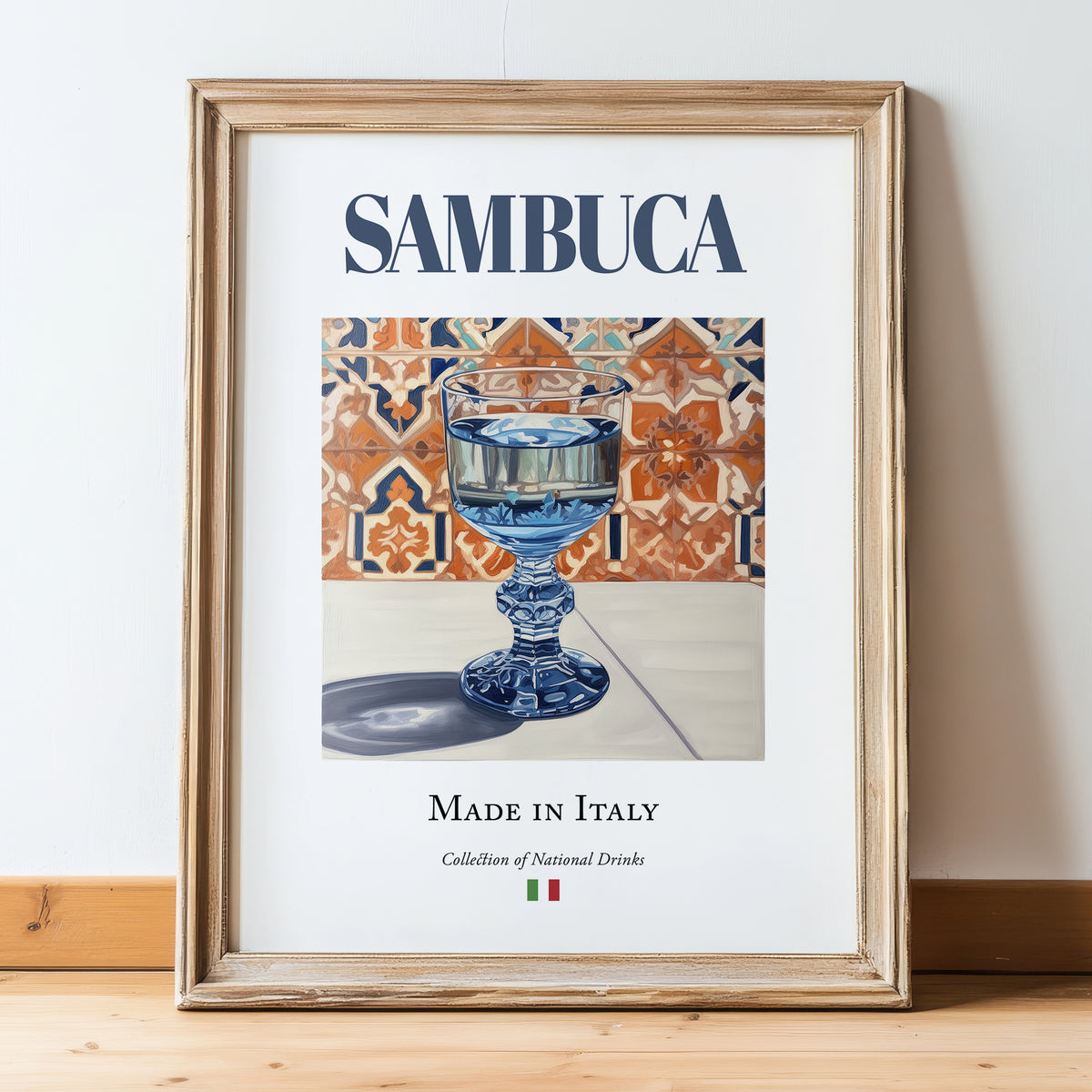 Sambuca – Italian Spirit Drink, Beach Bar Print, in wooden frame leaning on the floor