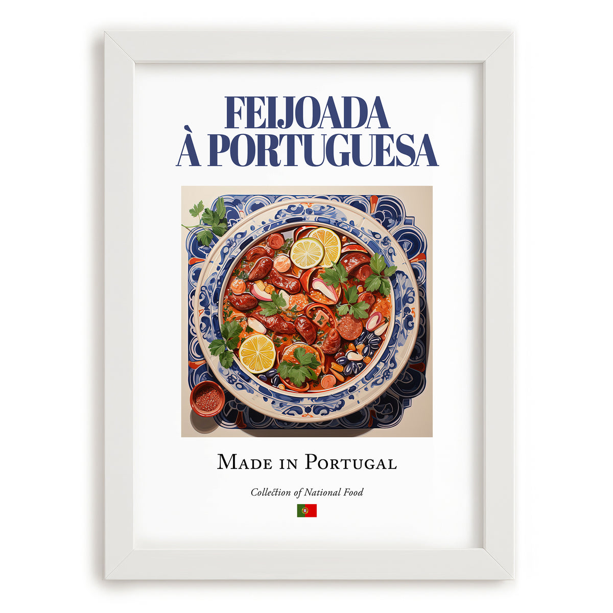 Feijoada à portuguesa – Portuguese Stew Dish, Fine Dining Restaurant Wall Art, placed in minimal white frame
