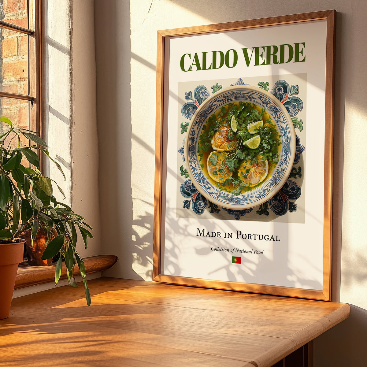 Caldo verde – Portuguese Soup Dish, Restaurant Wall Art, no-text version framed in wood