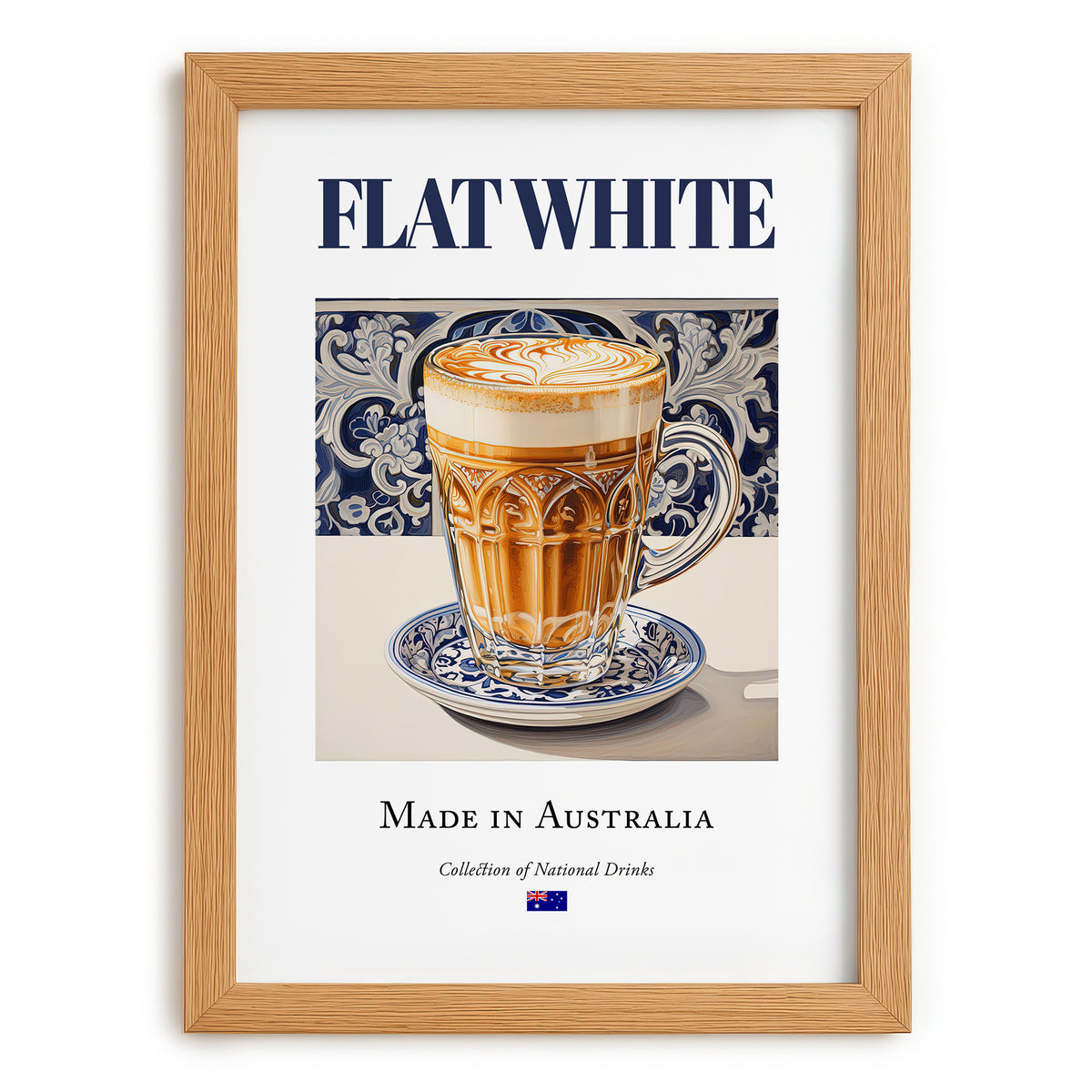 Flat White – Australian Coffee, Street Café Print, set in oak frame