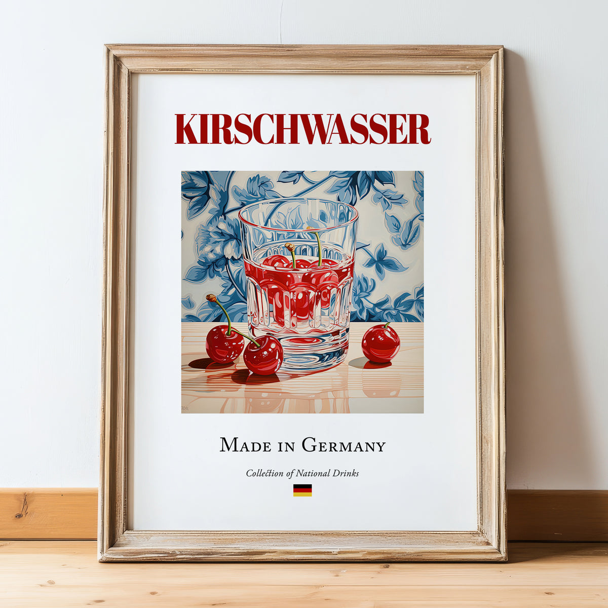 Kirschwasser – German Spirit Drink, Sky Bar Poster, in wooden frame leaning on the floor