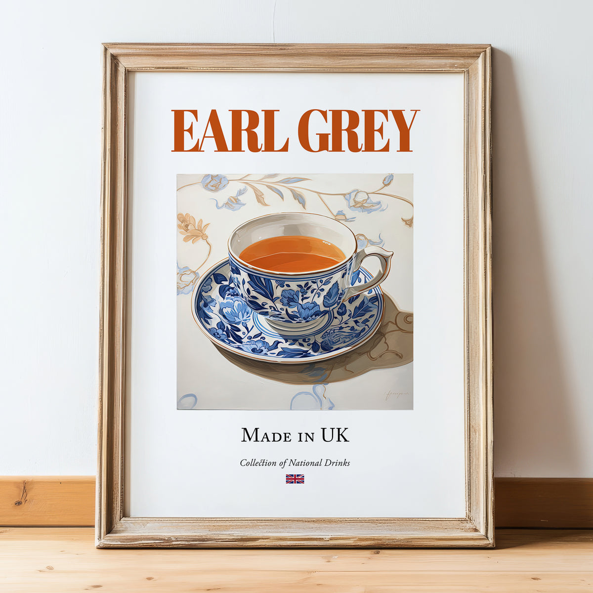 Earl Grey – English Tea, Tea Room Poster, in wooden frame leaning on the floor